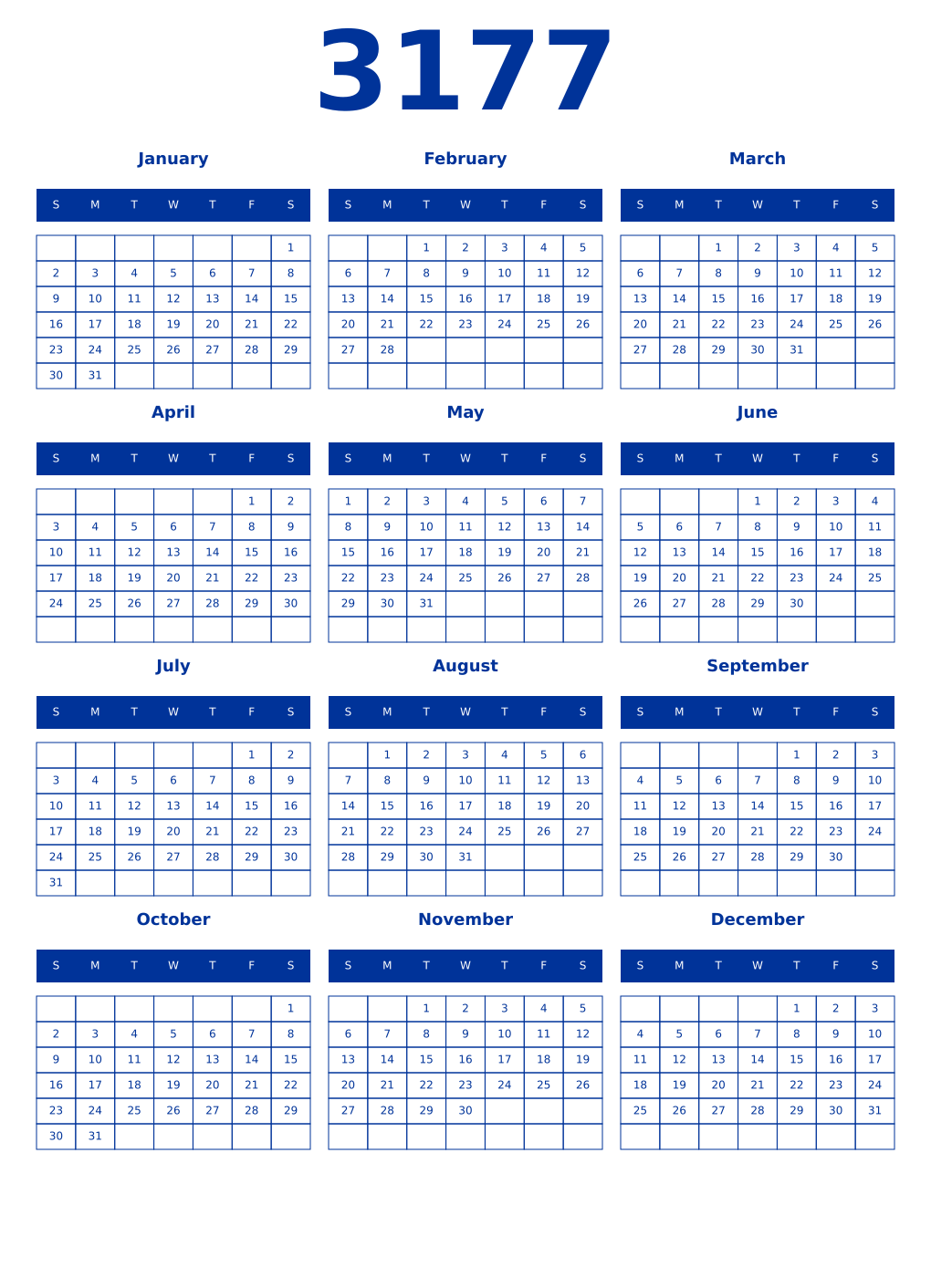 Printable 3177 Year Calendars smalt