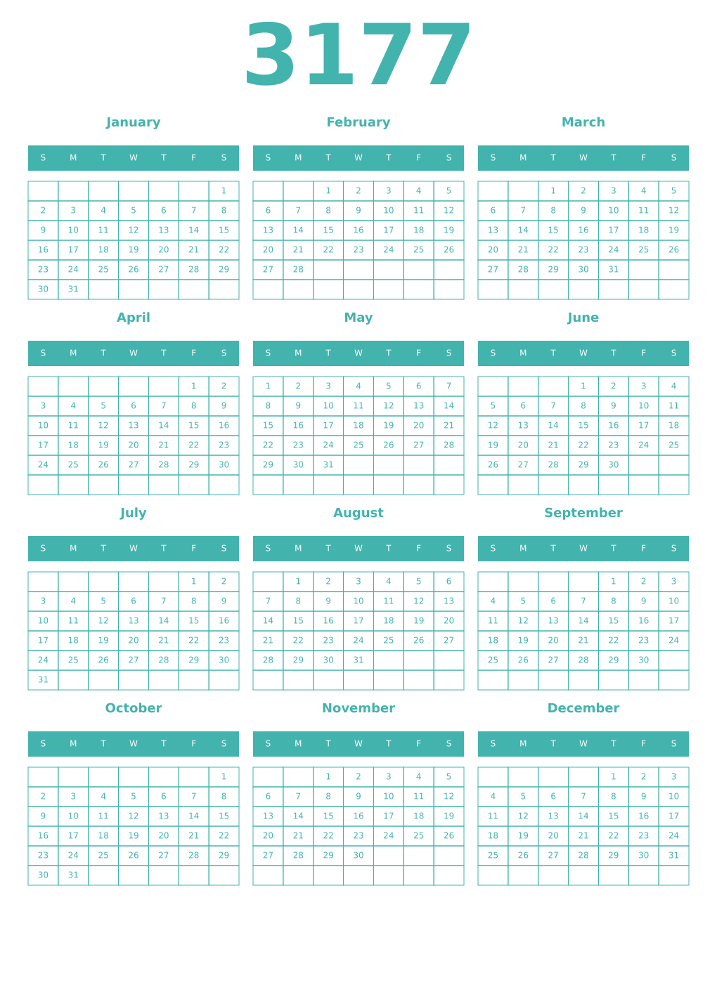 Printable 3177 Year Calendars verdigris