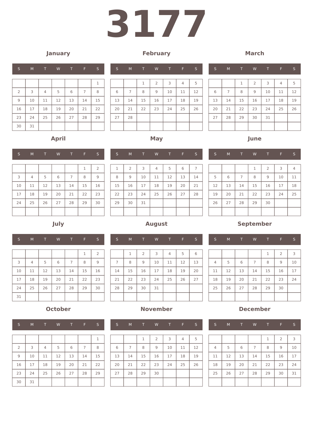 Printable 3177 Year Calendars wenge