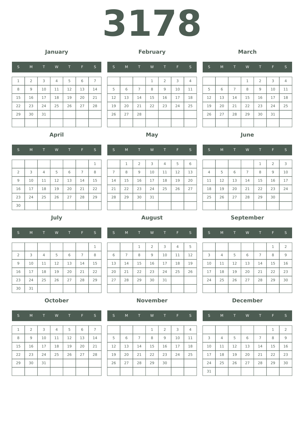 Printable 3178 Year Calendars feldgrau
