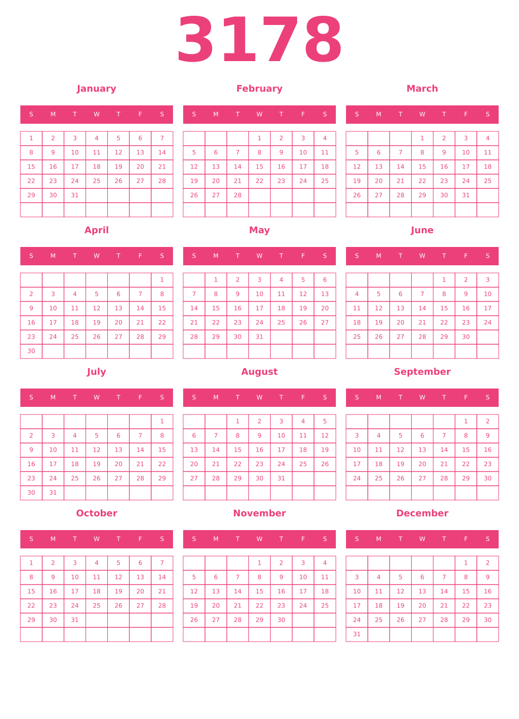 Printable 3178 Year Calendars pink