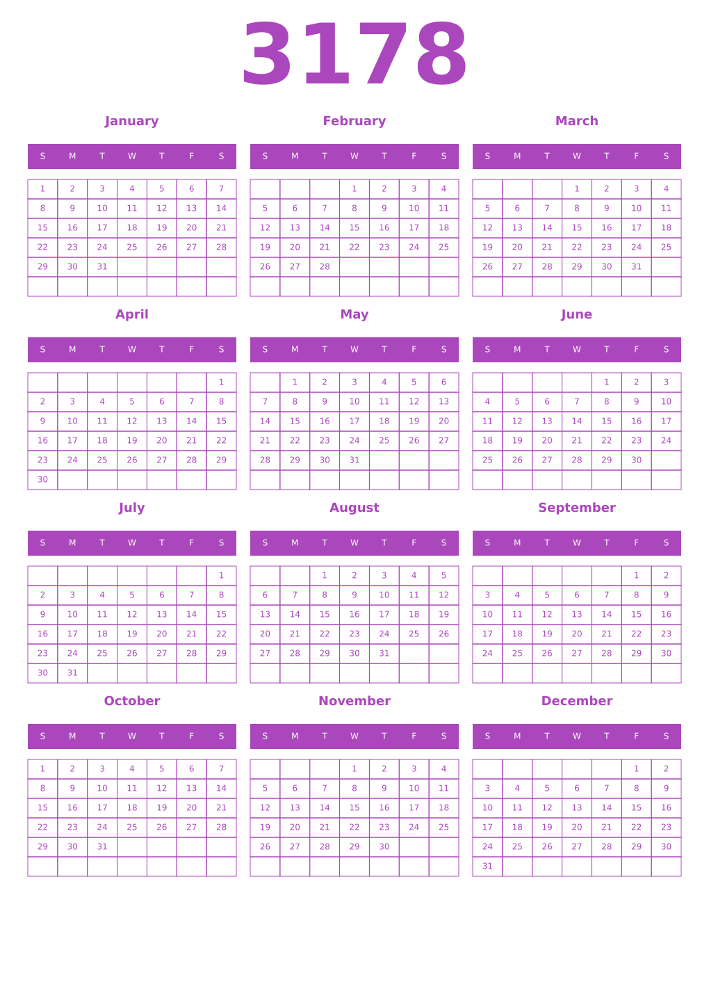 Printable 3178 Year Calendars purple