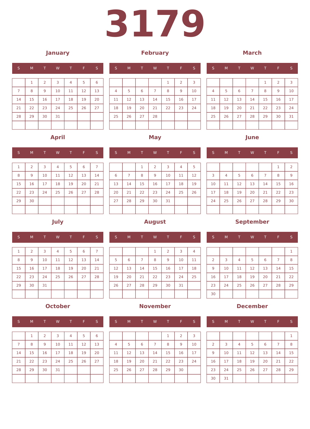 Printable 3179 Year Calendars cordovan
