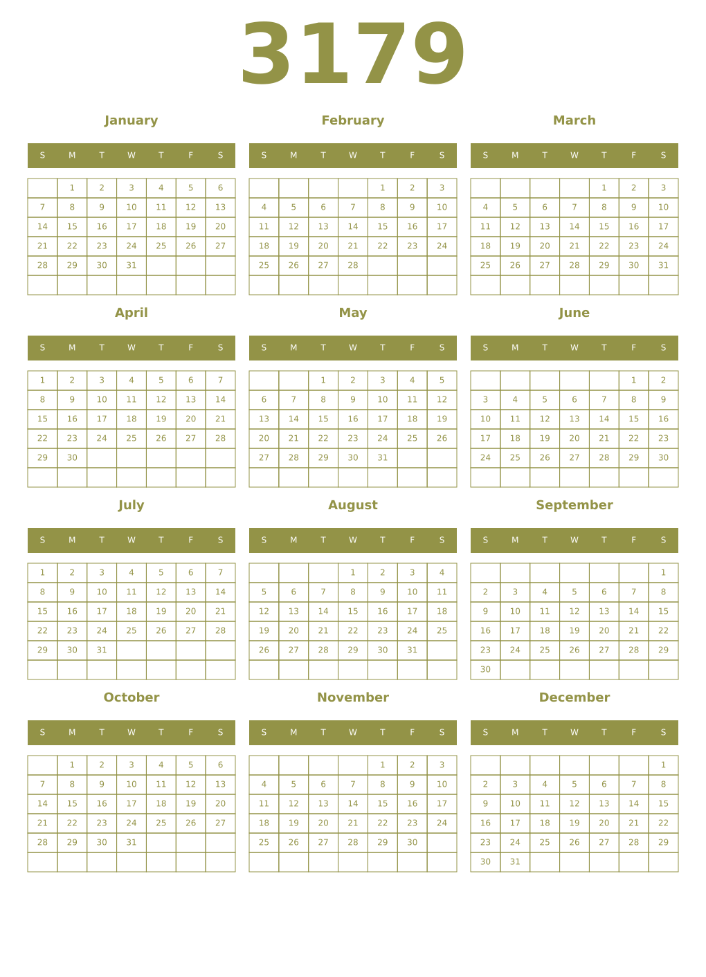 Printable 3179 Year Calendars eburnean