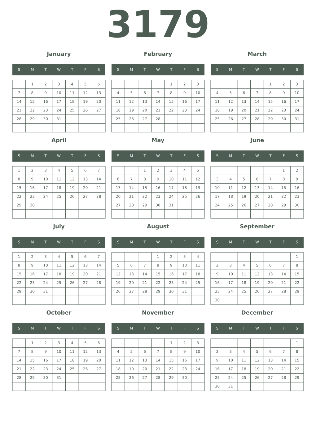 Printable 3179 Year Calendars feldgrau