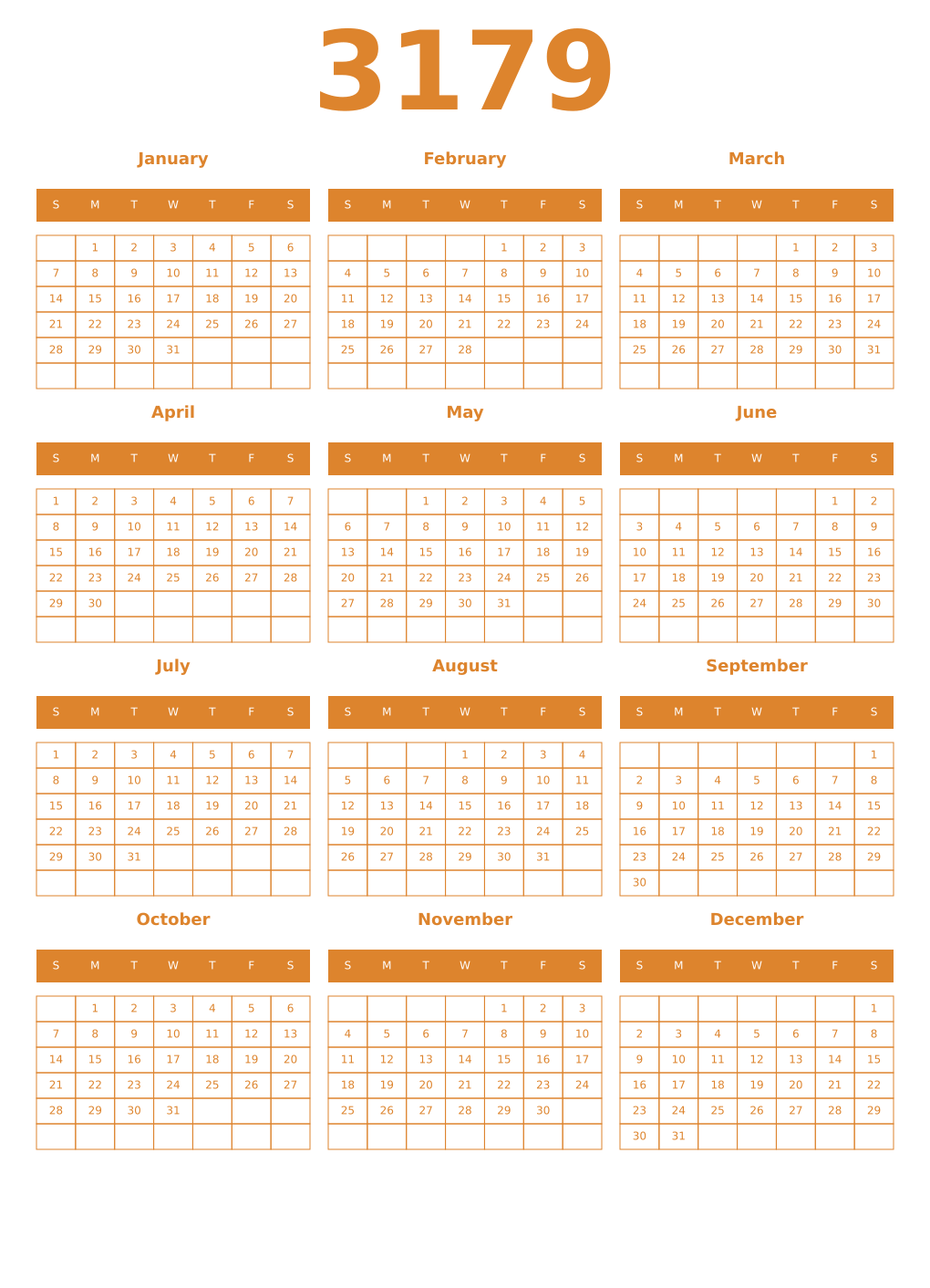 Printable 3179 Year Calendars orange