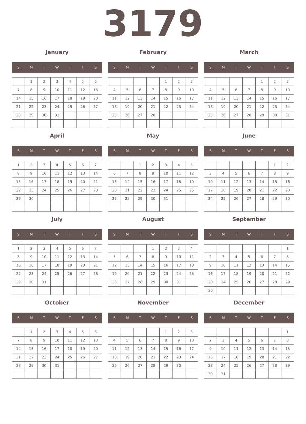Printable 3179 Year Calendars wenge