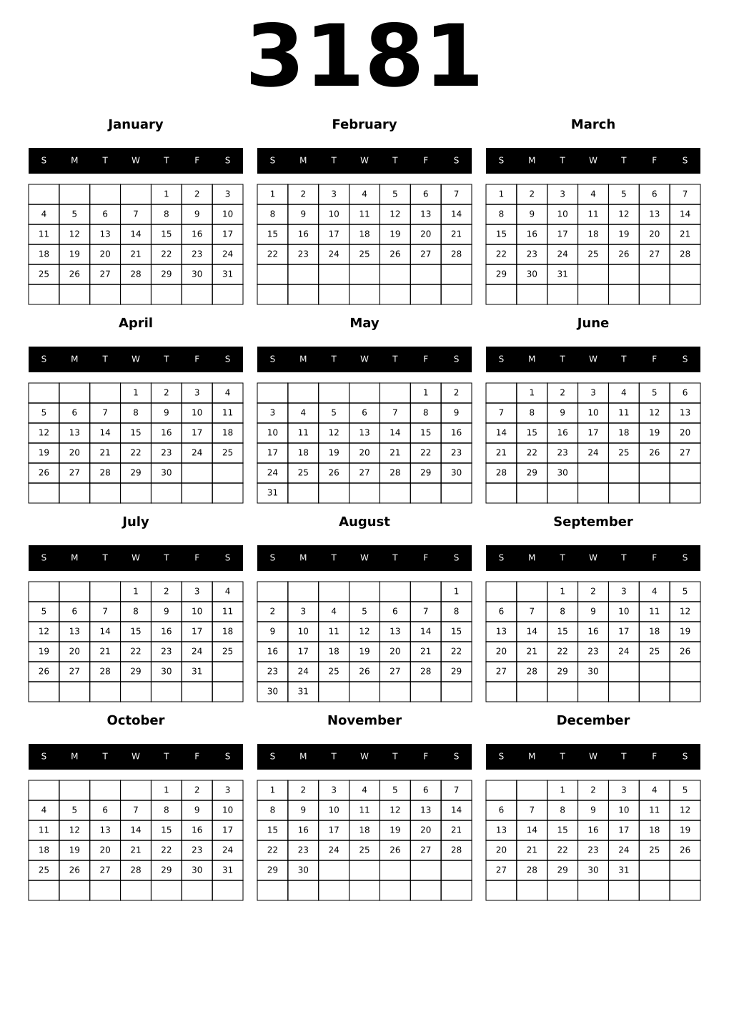 Printable 3181 Year Calendars black