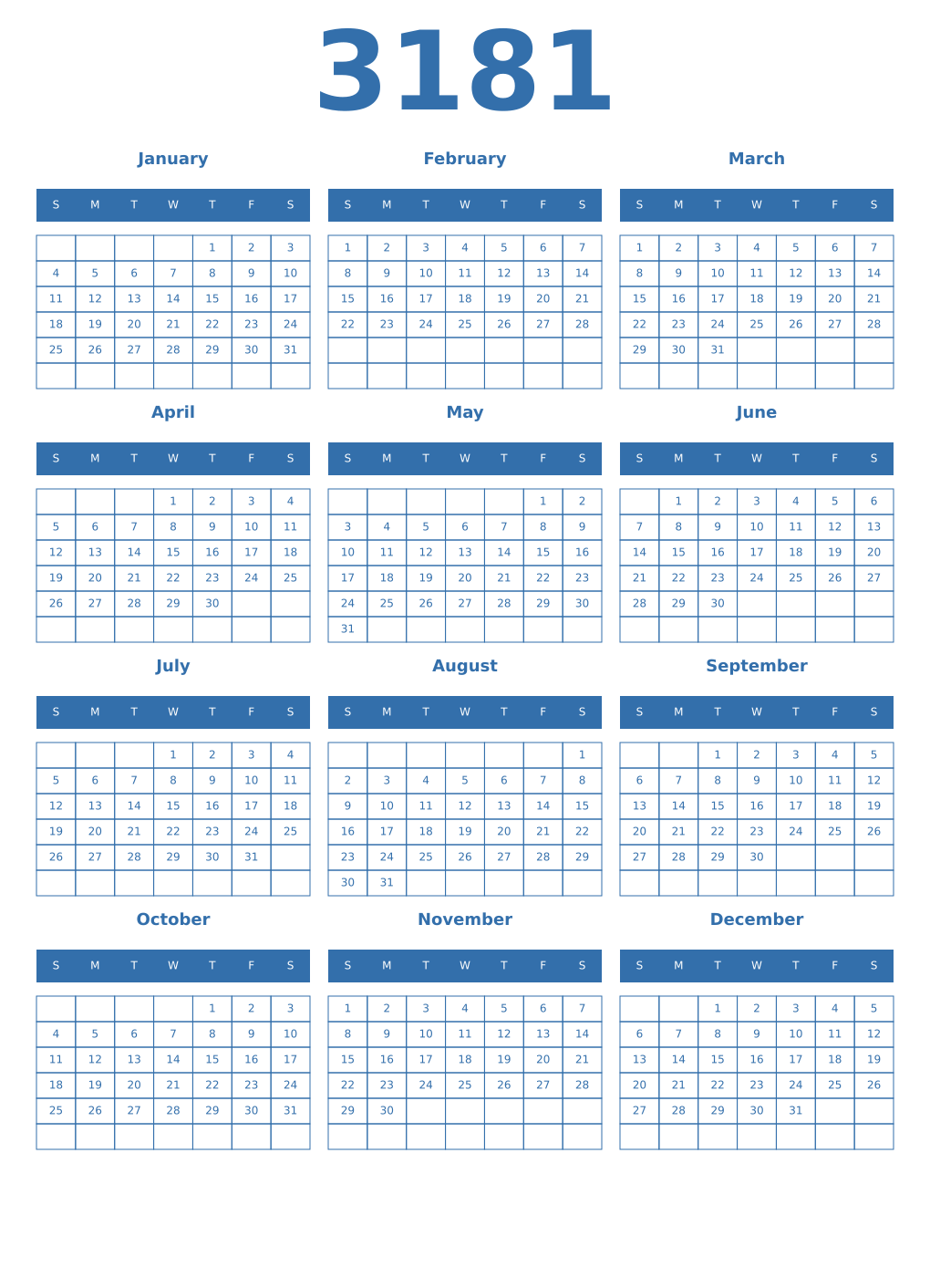 Printable 3181 Year Calendars blue