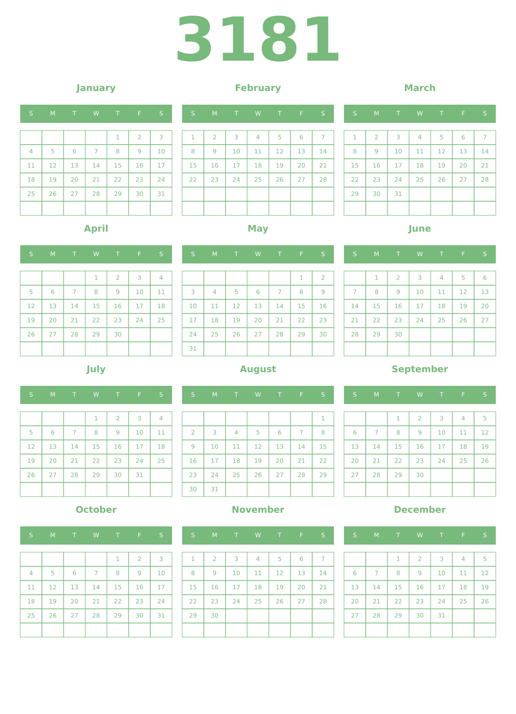 Printable 3181 Year Calendars celadon