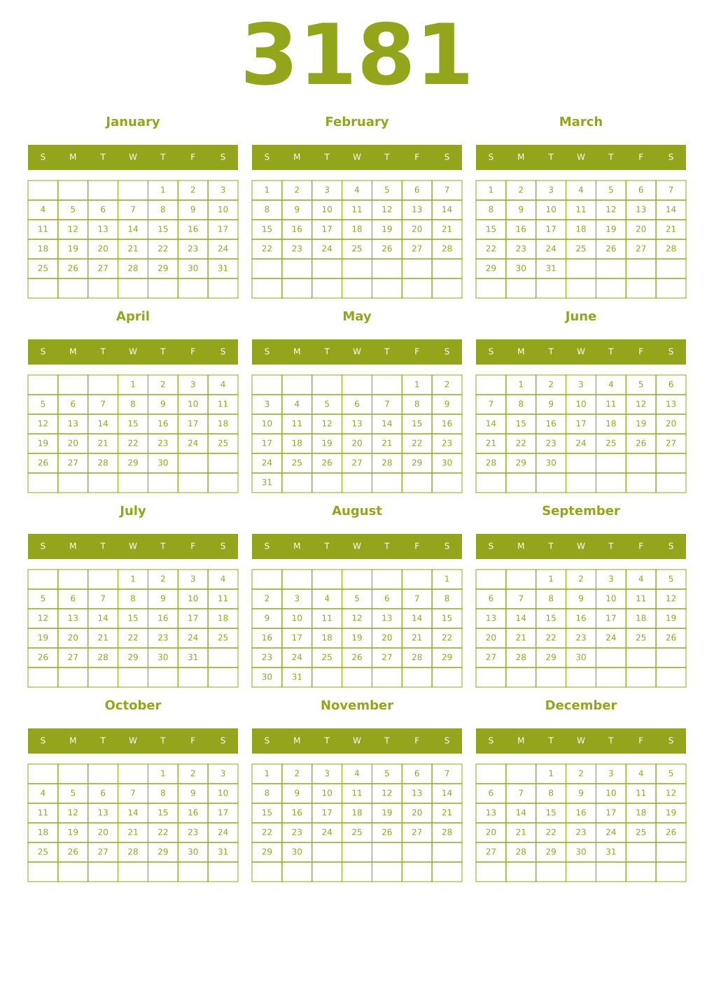 Printable 3181 Year Calendars chartreuse