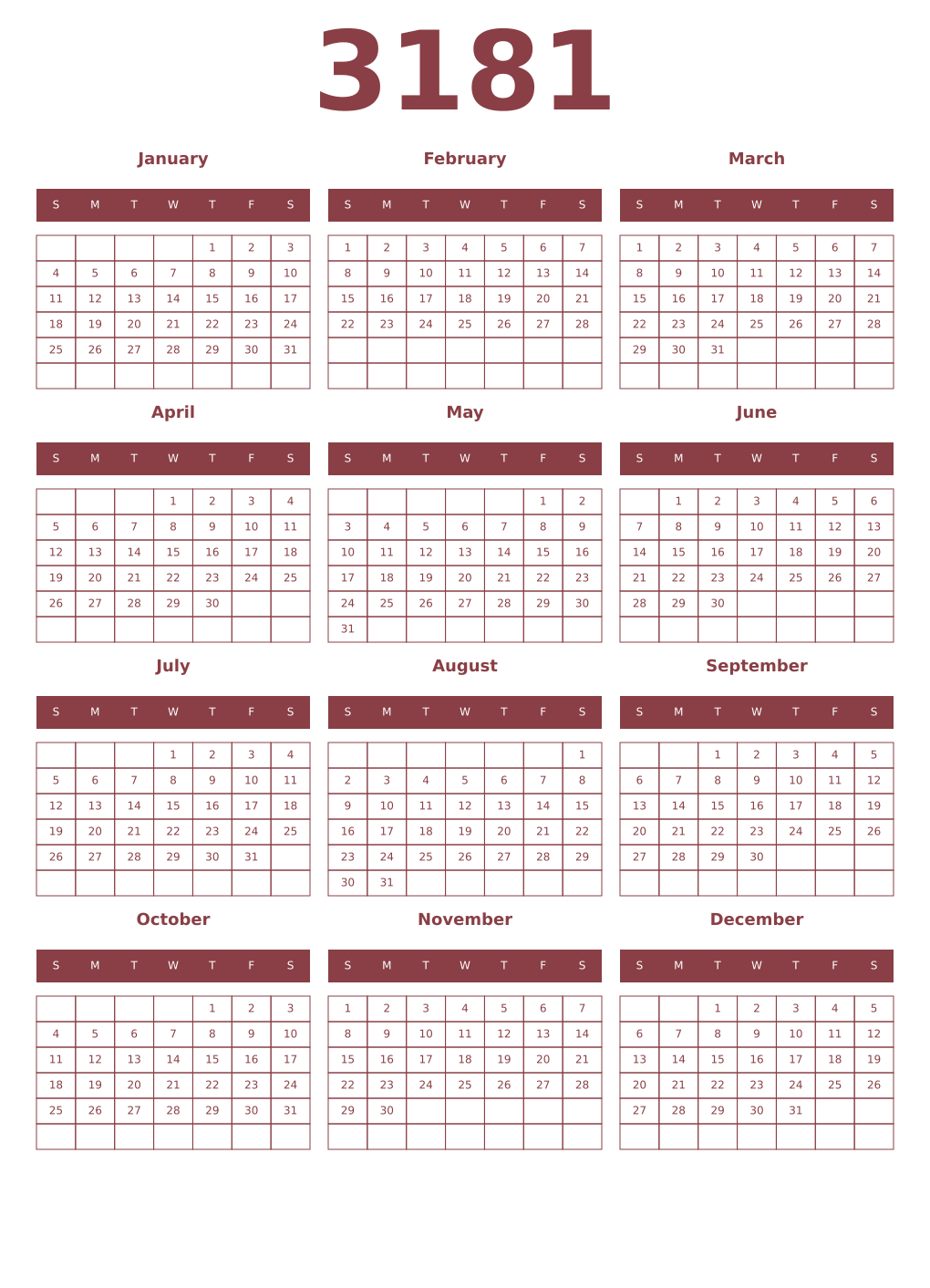 Printable 3181 Year Calendars cordovan