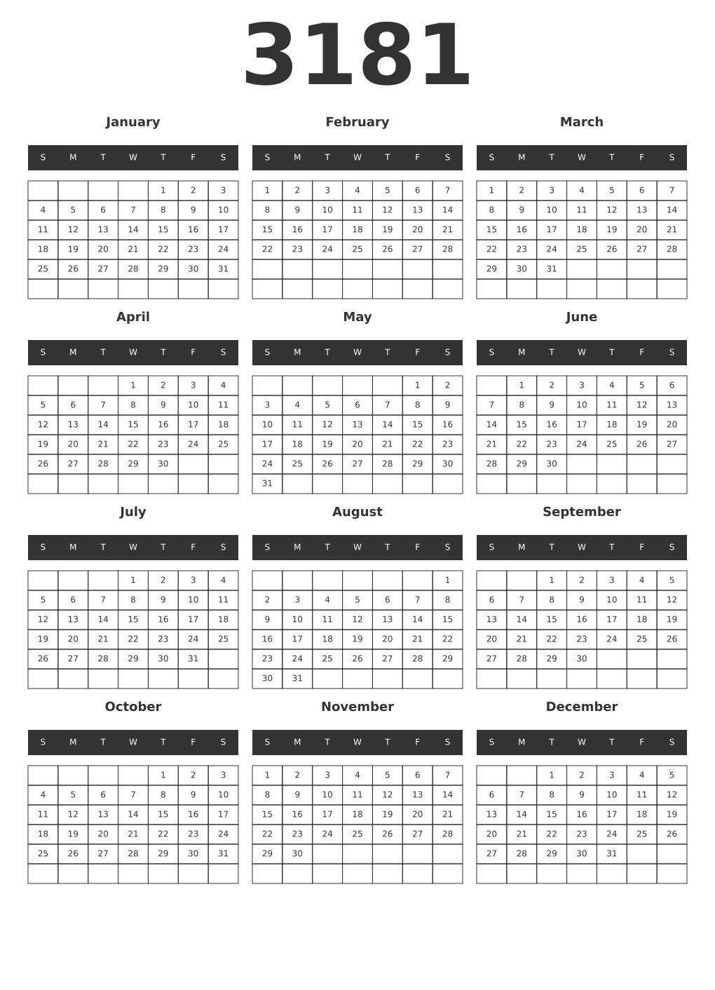 Printable 3181 Year Calendars dark