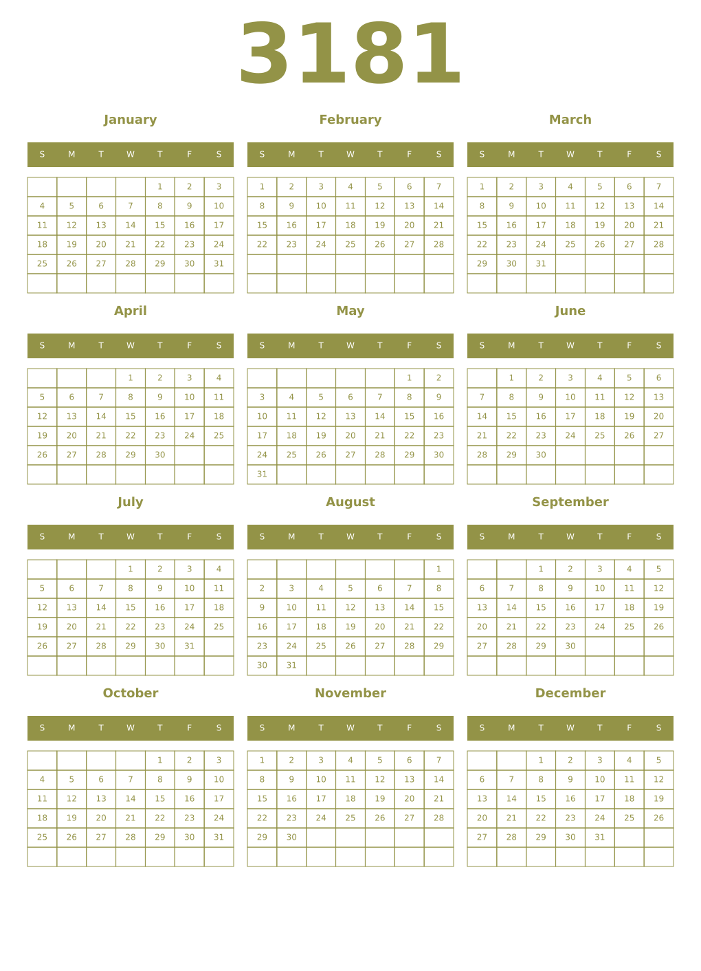 Printable 3181 Year Calendars eburnean