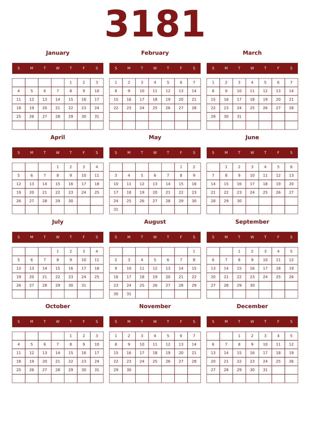Printable 3181 Year Calendars falu