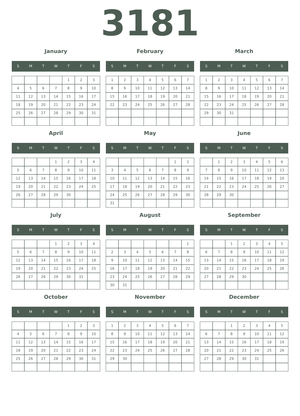 Printable 3181 Year Calendars feldgrau