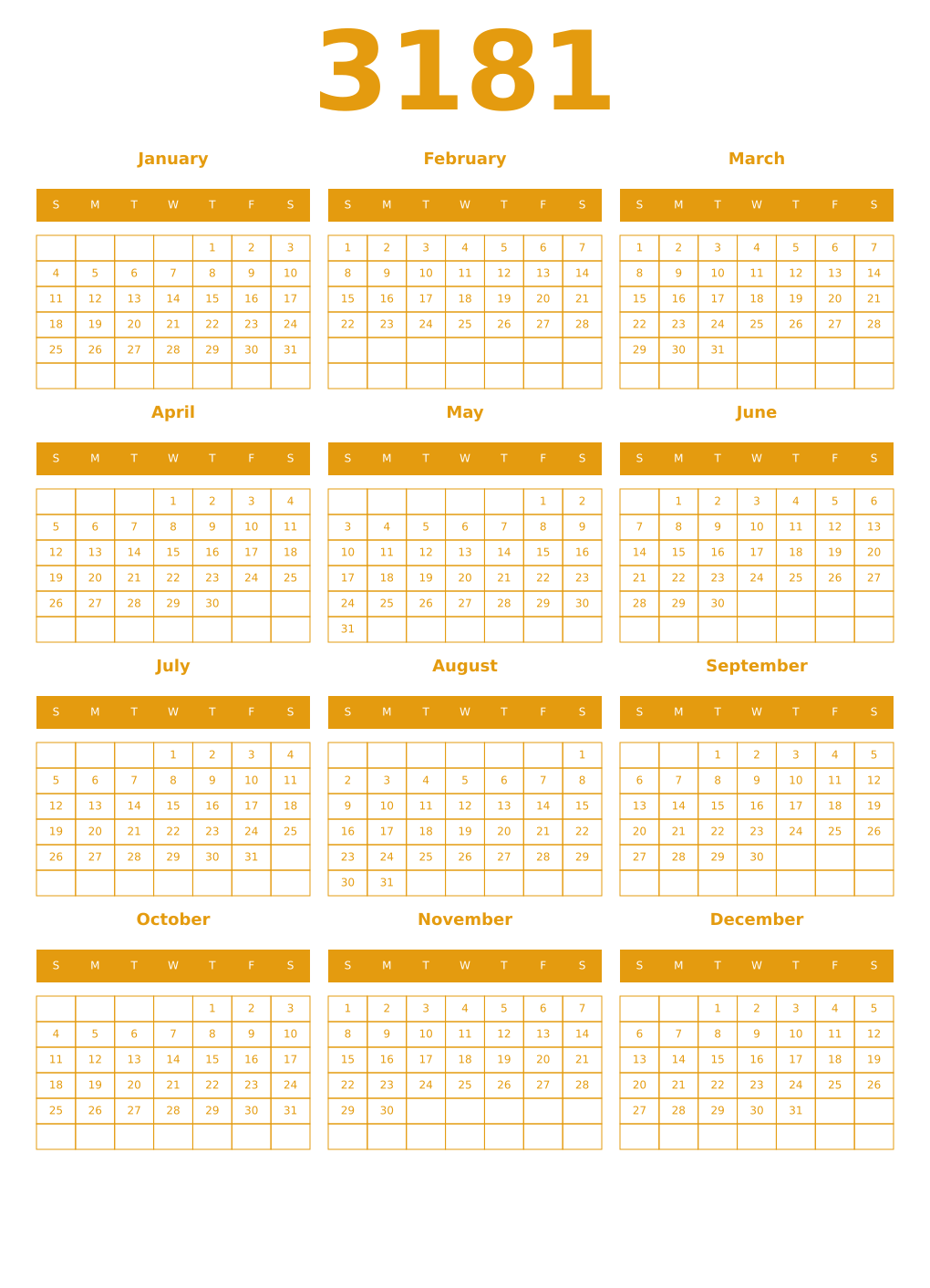 Printable 3181 Year Calendars gamboge