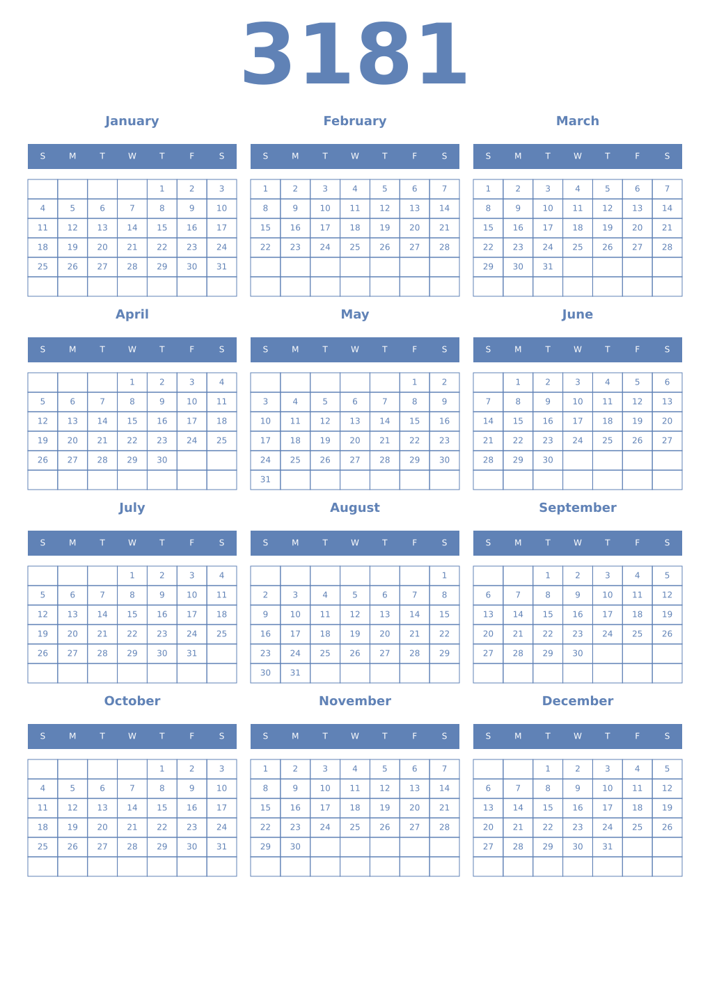 Printable 3181 Year Calendars glaucous