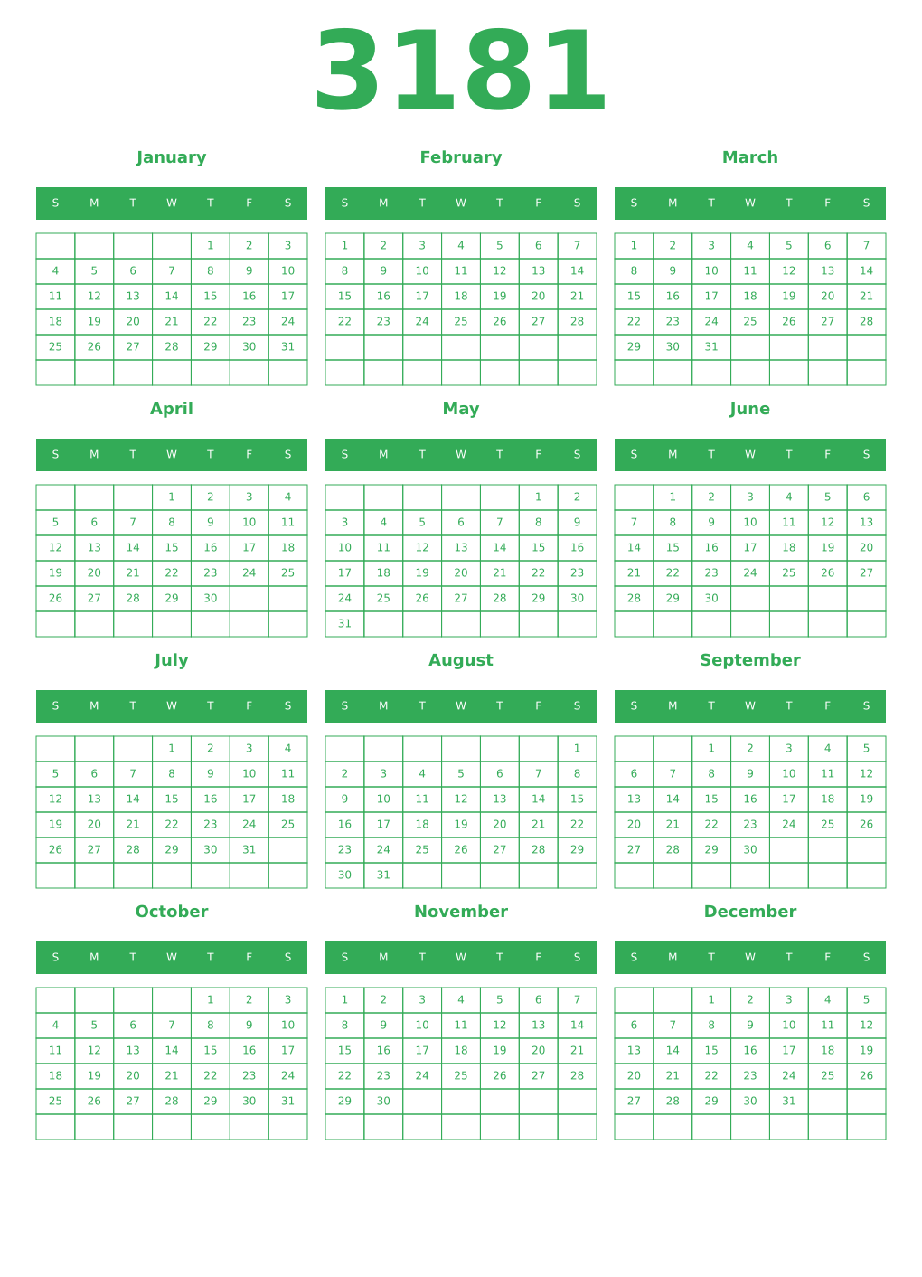 Printable 3181 Year Calendars green