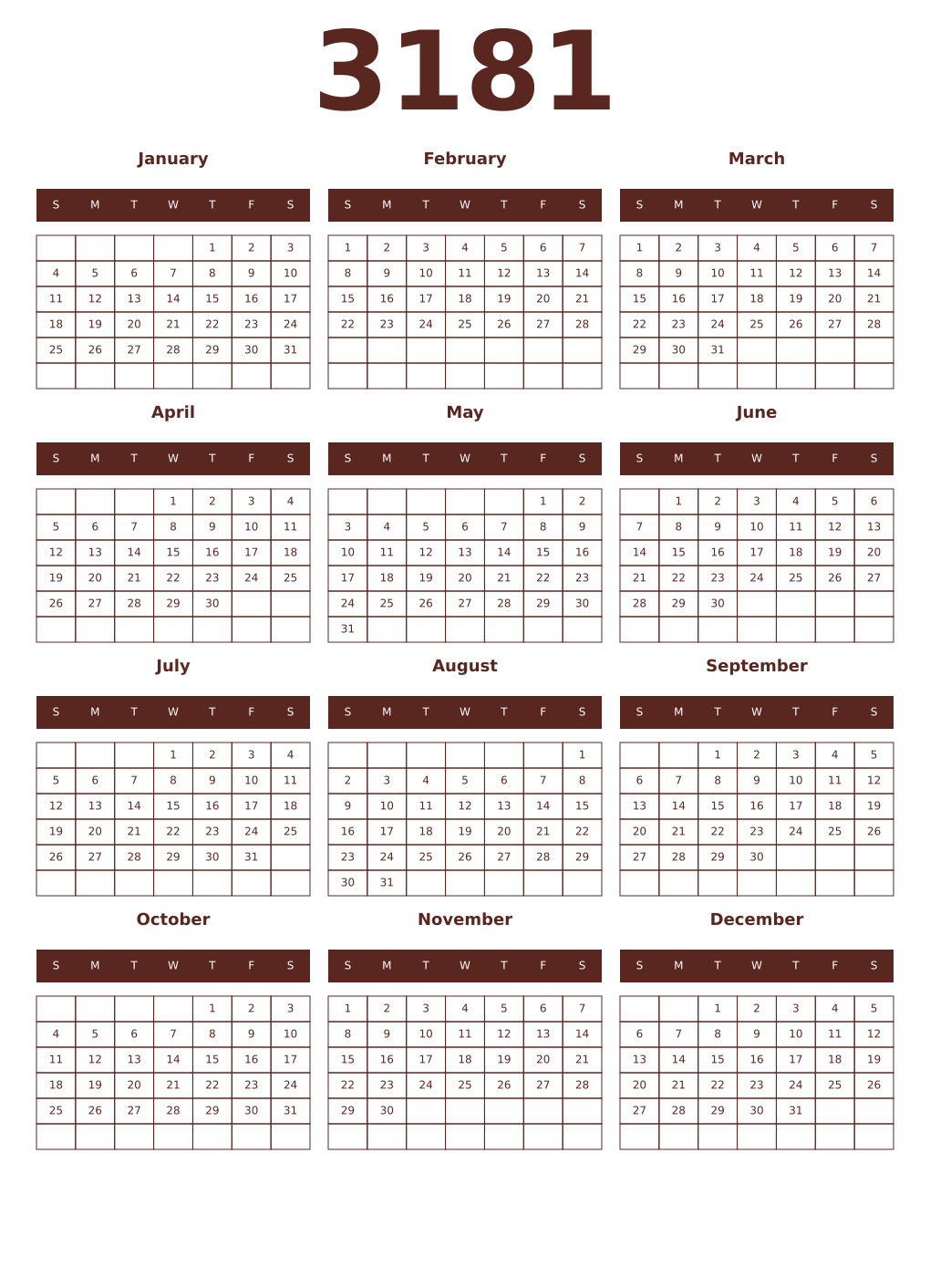 Printable 3181 Year Calendars mortuum