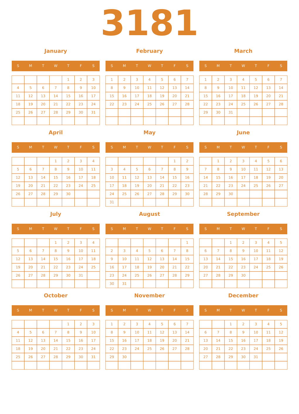 Printable 3181 Year Calendars orange