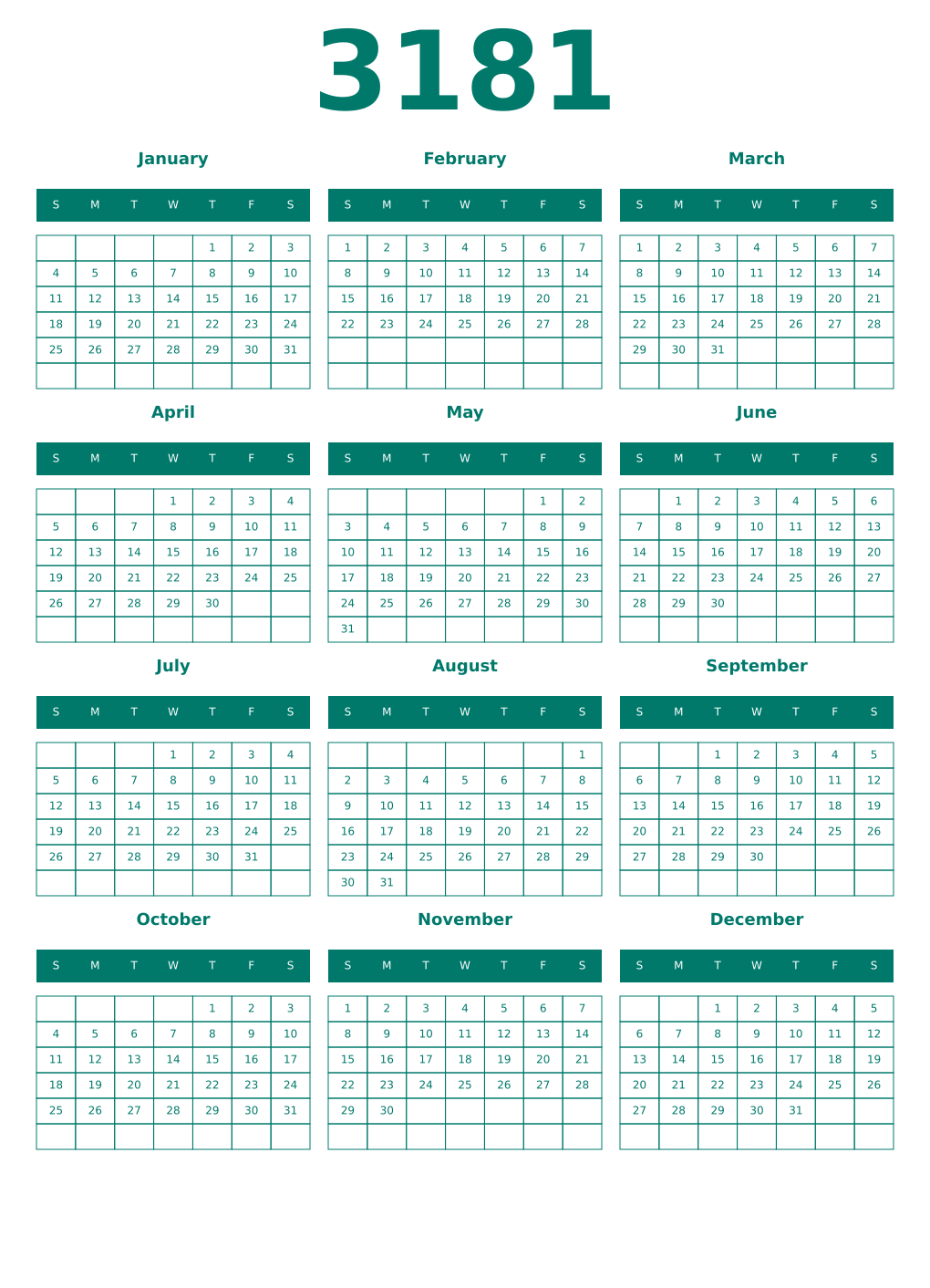 Printable 3181 Year Calendars pastel