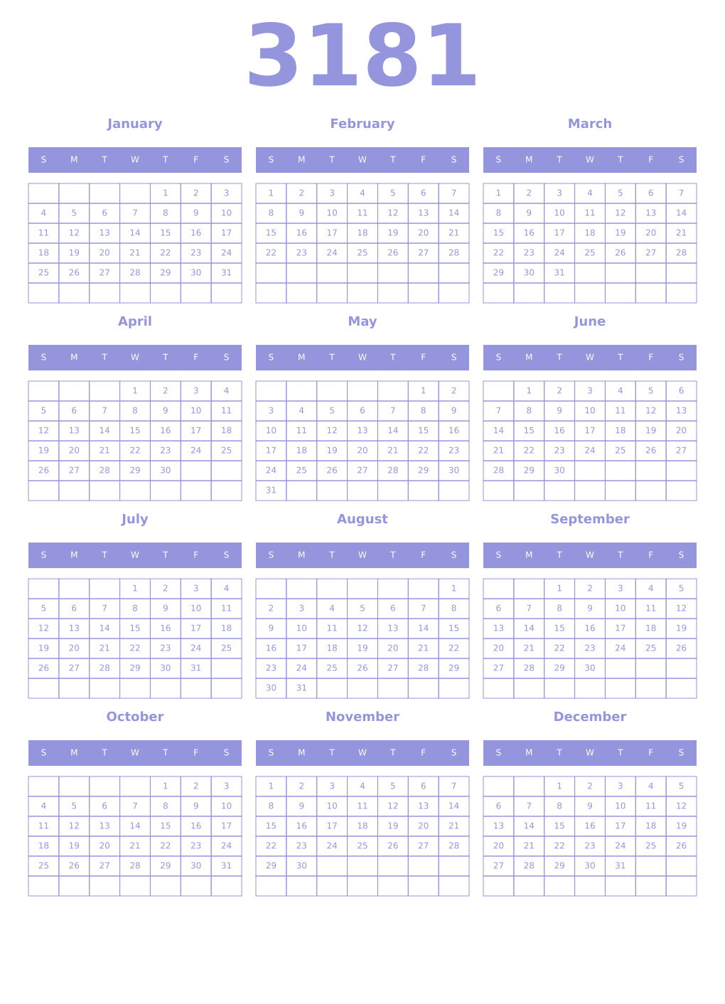 Printable 3181 Year Calendars periwinkle