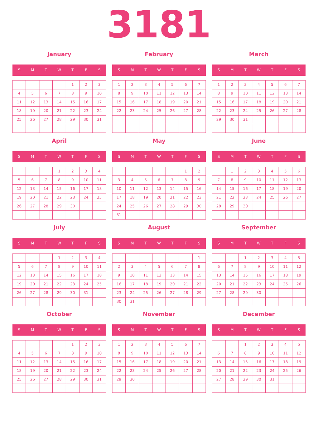 Printable 3181 Year Calendars pink