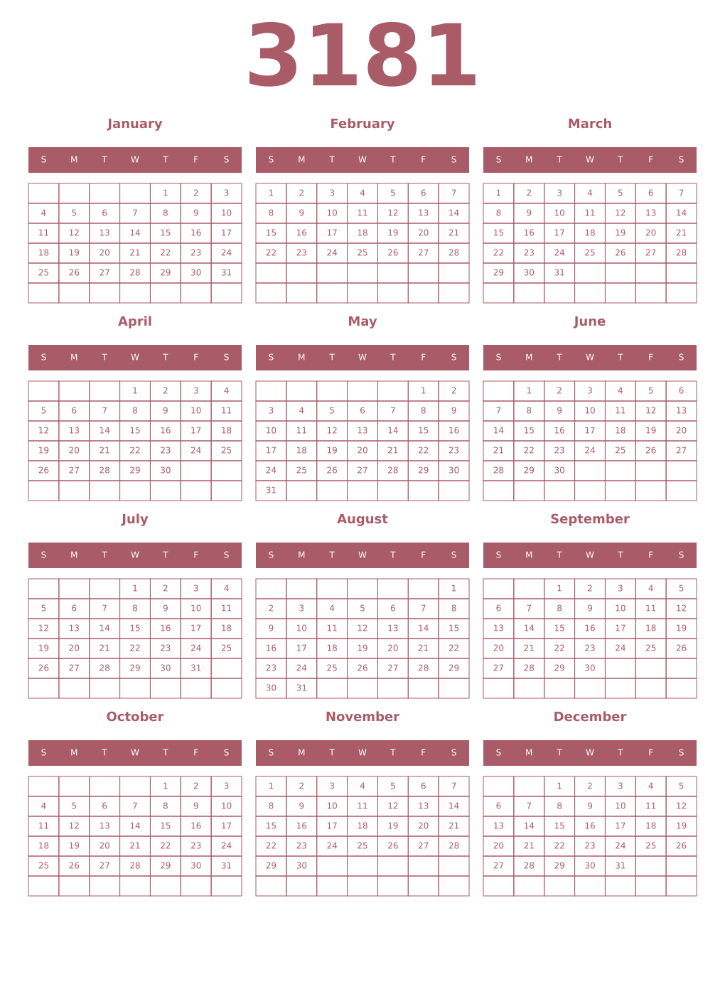 Printable 3181 Year Calendars puce