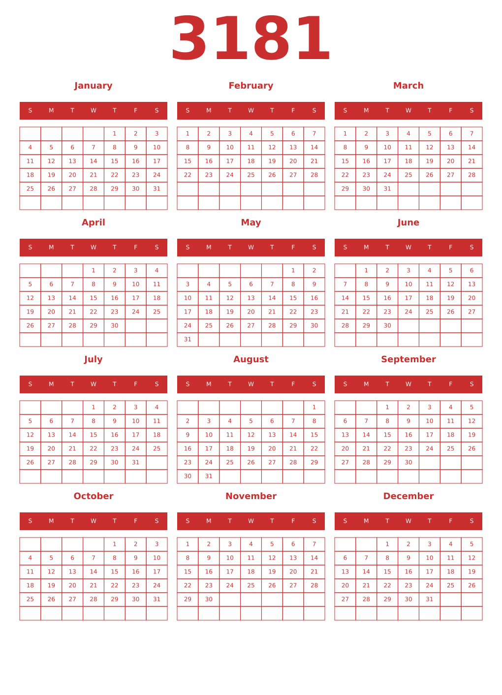 Printable 3181 Year Calendars red