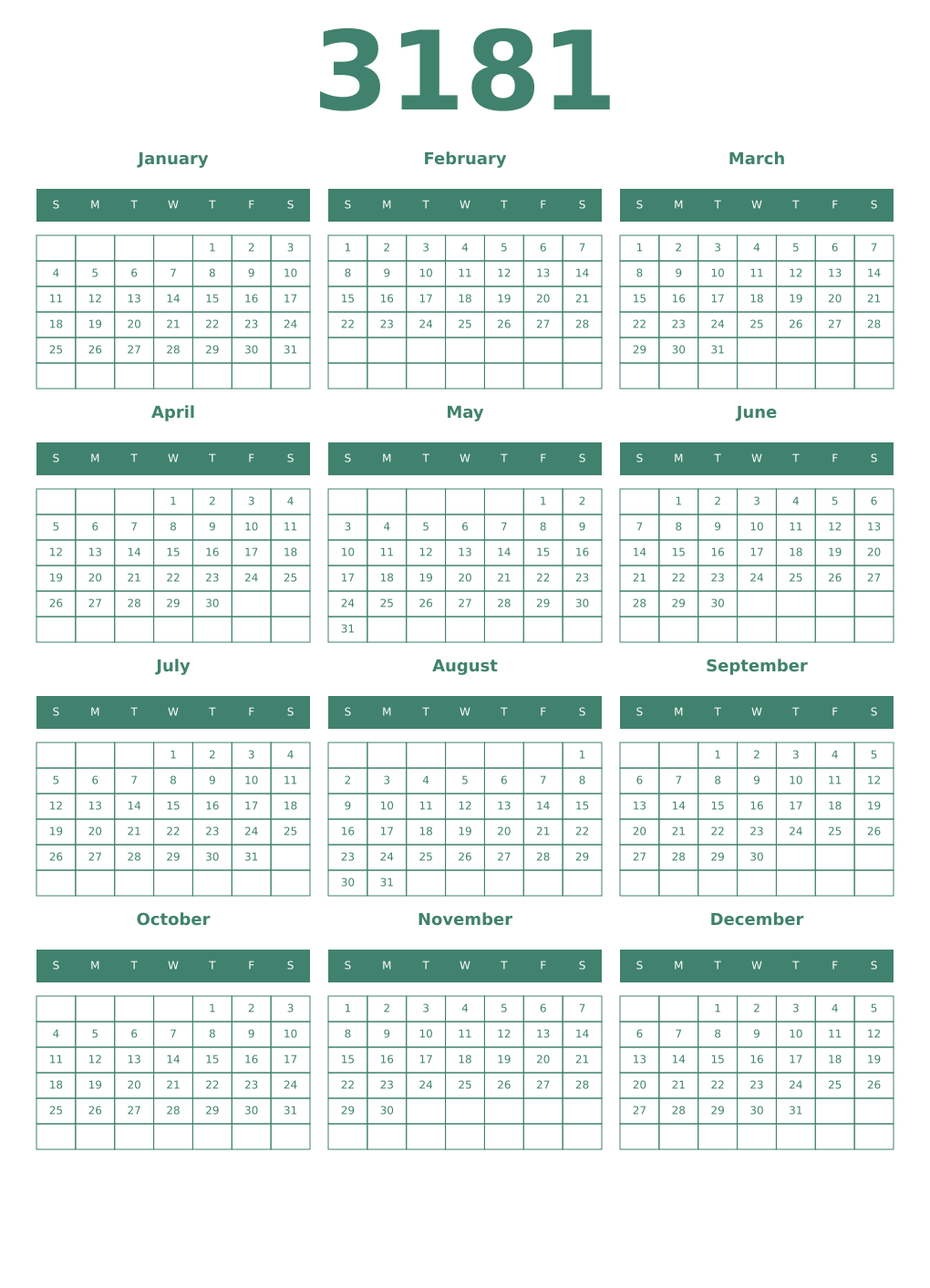 Printable 3181 Year Calendars viridian