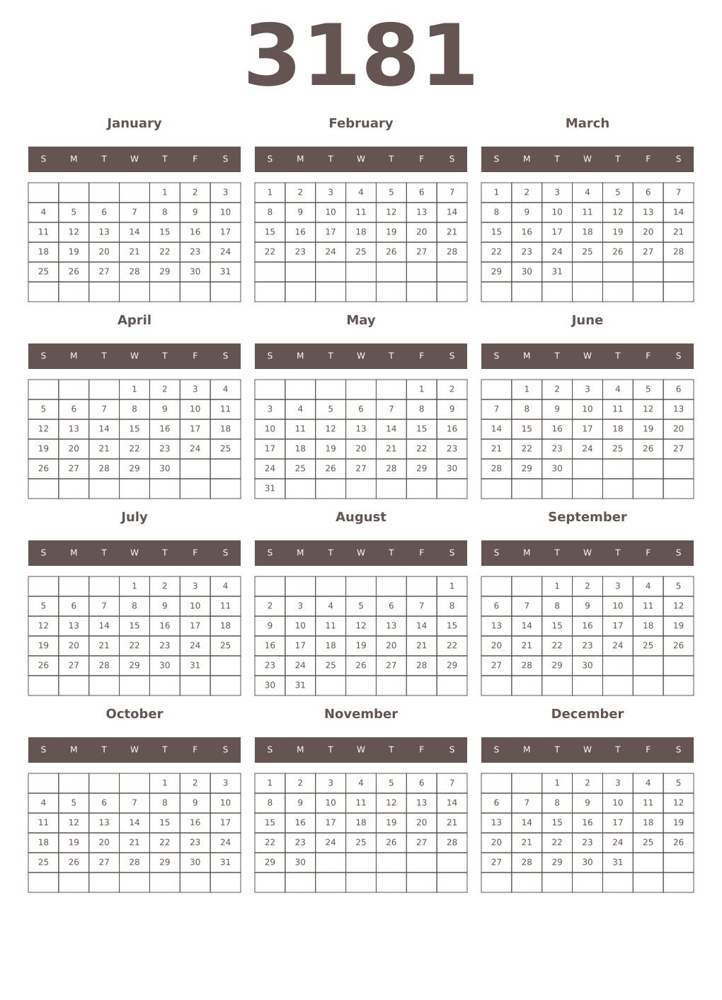 Printable 3181 Year Calendars wenge