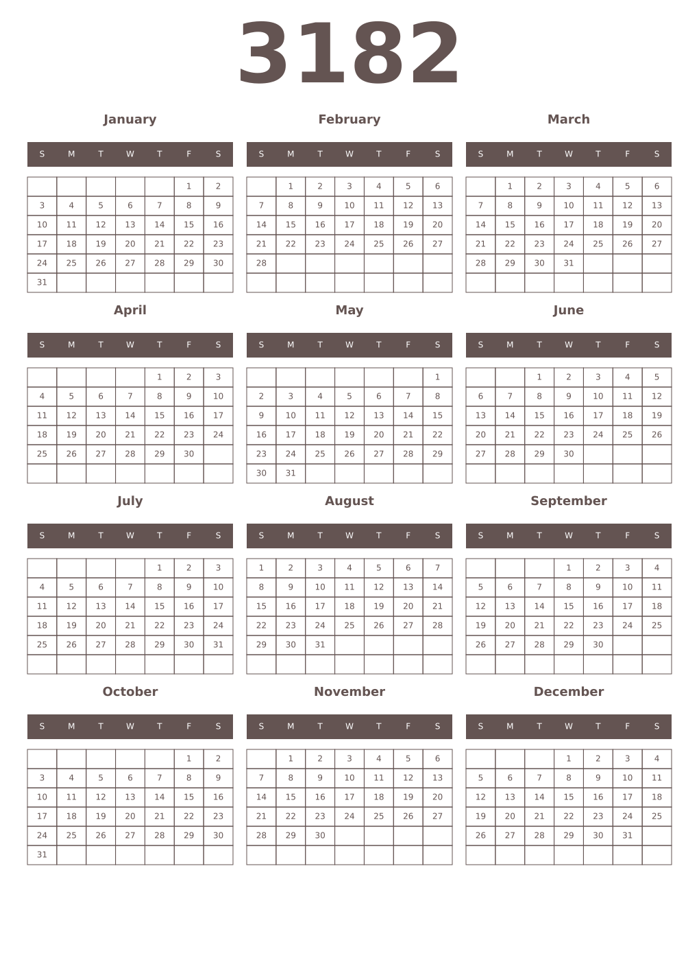 Printable 3182 Year Calendars wenge