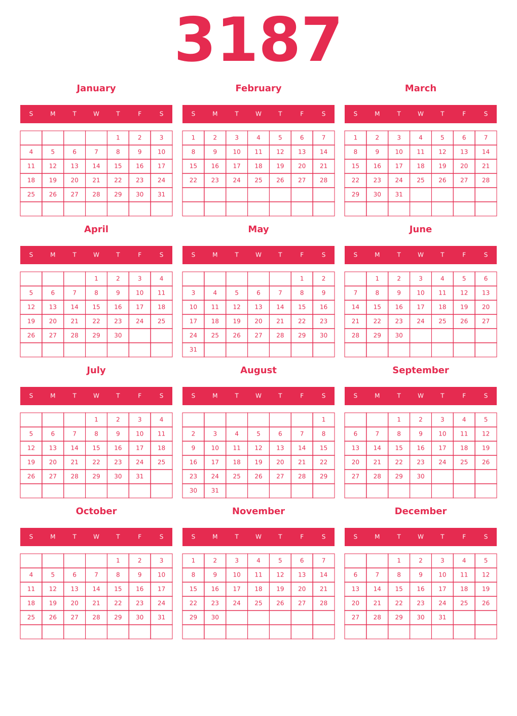 Printable 3187 Year Calendars amaranth