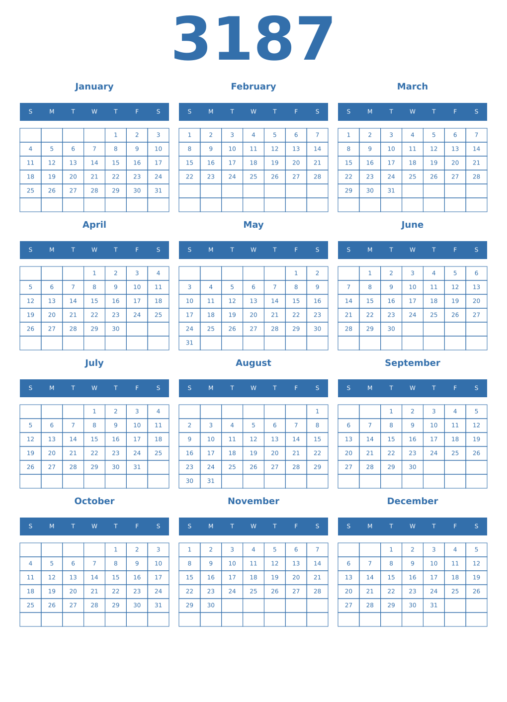 Printable 3187 Year Calendars blue