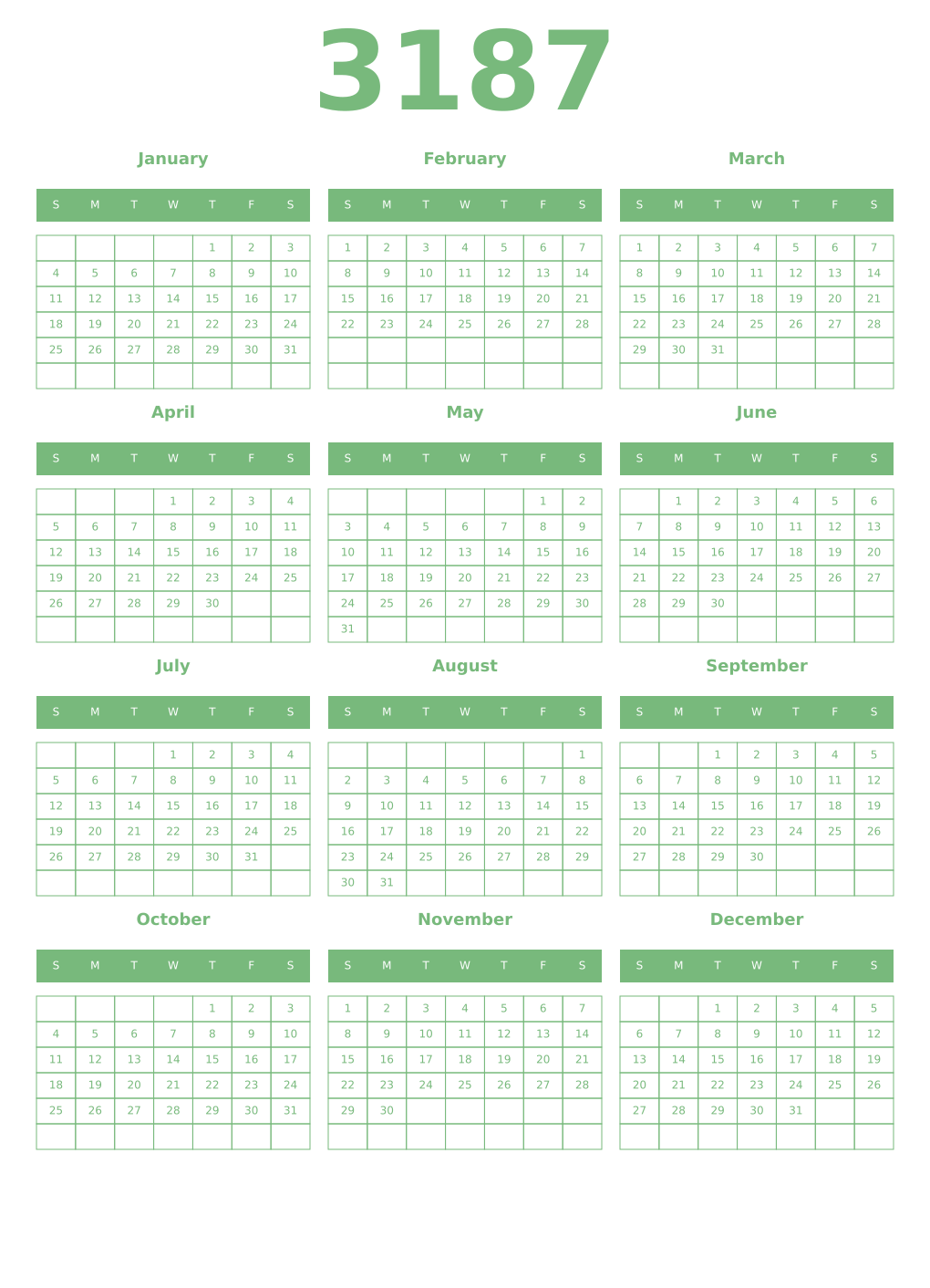 Printable 3187 Year Calendars celadon