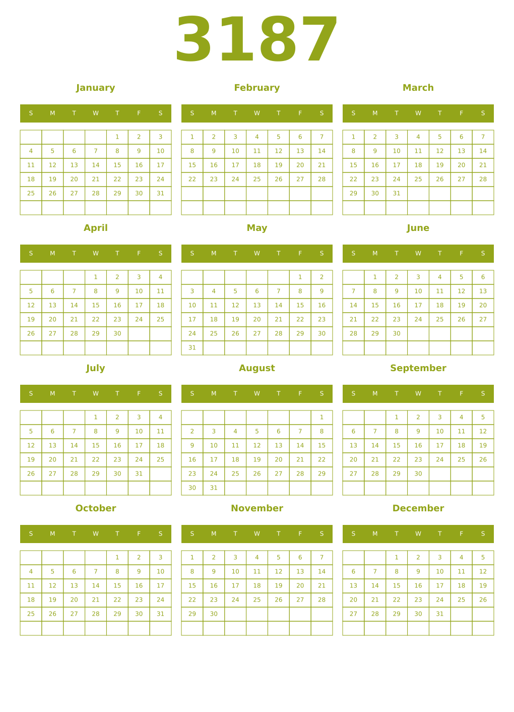 Printable 3187 Year Calendars chartreuse