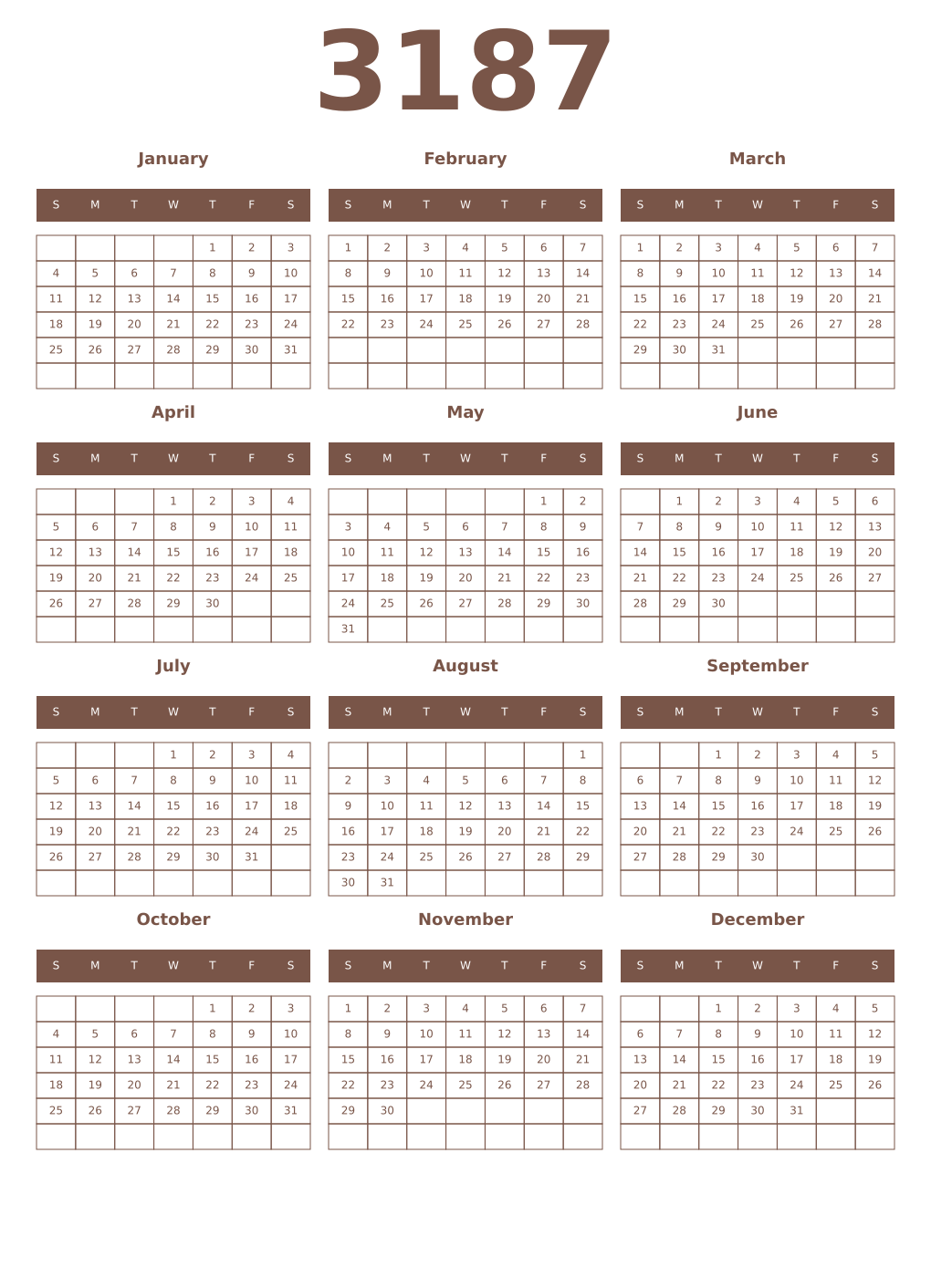 Printable 3187 Year Calendars coffe