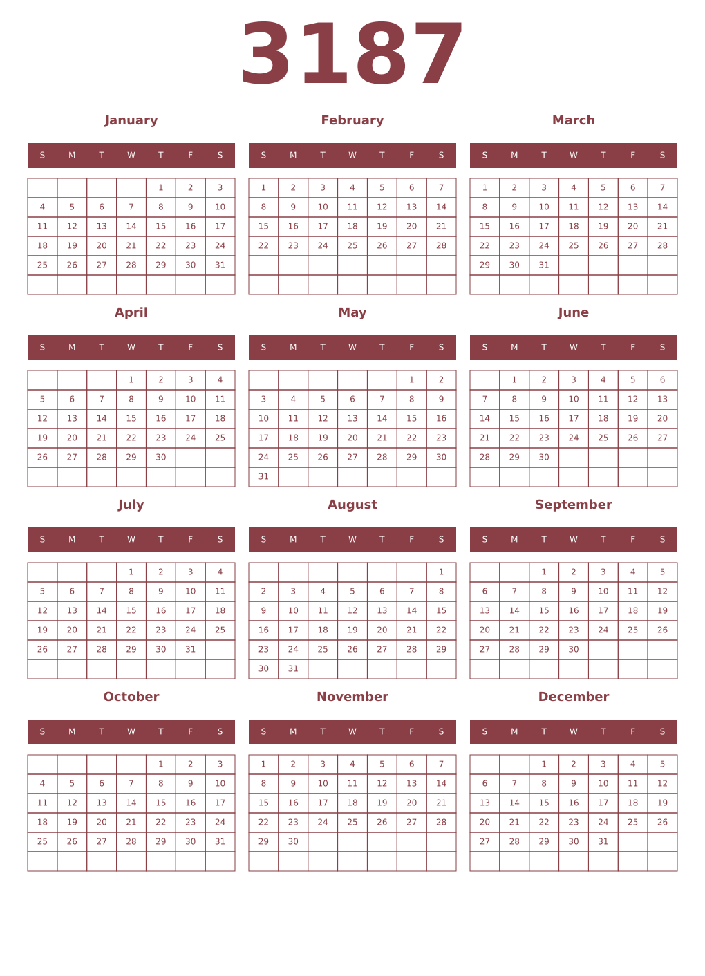 Printable 3187 Year Calendars cordovan