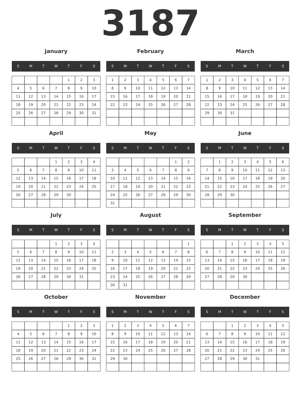 Printable 3187 Year Calendars dark