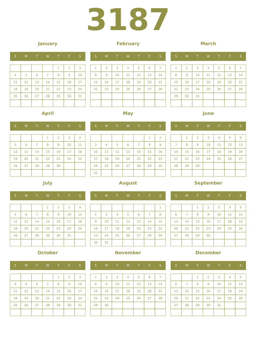 Printable 3187 Year Calendars eburnean