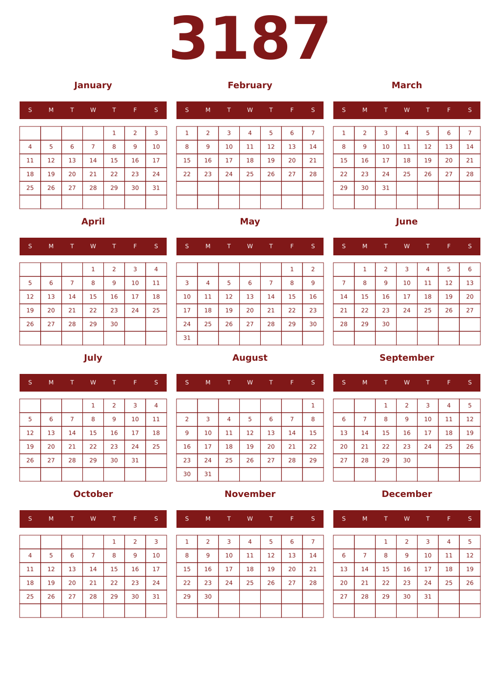 Printable 3187 Year Calendars falu