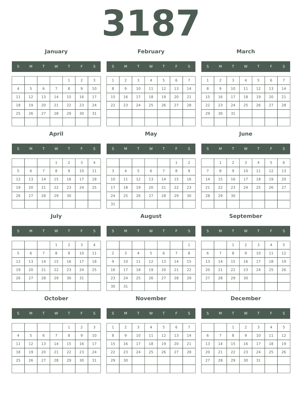 Printable 3187 Year Calendars feldgrau