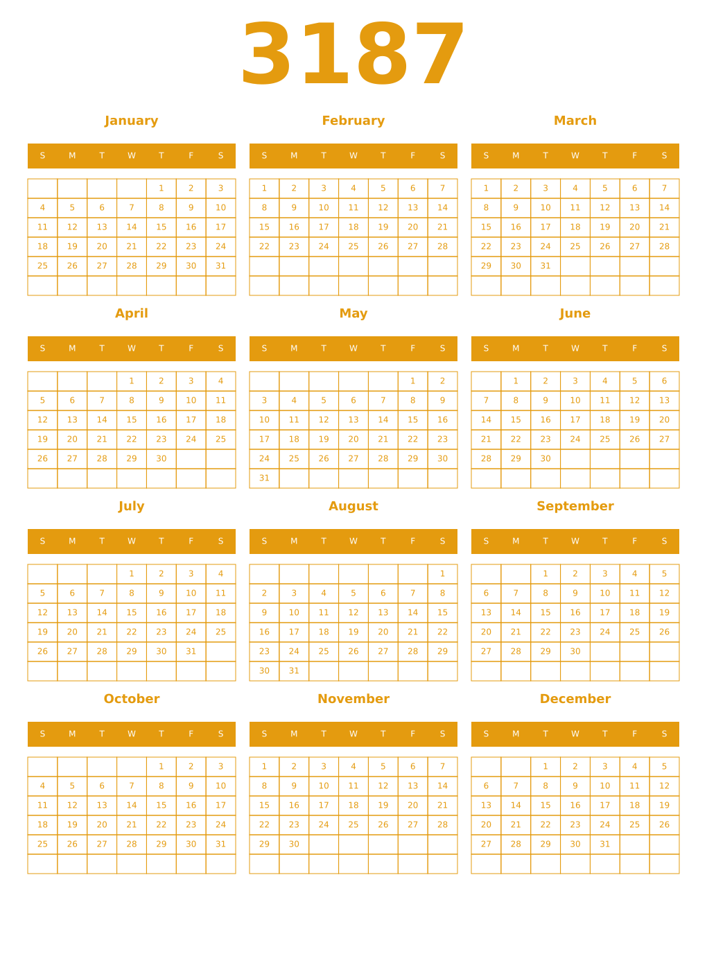 Printable 3187 Year Calendars gamboge
