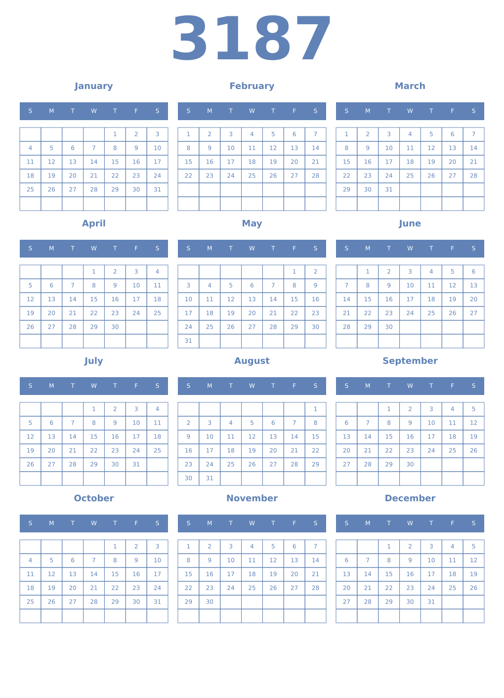 Printable 3187 Year Calendars glaucous