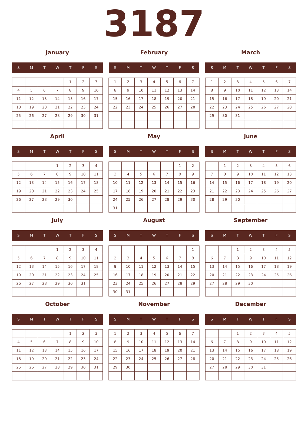 Printable 3187 Year Calendars mortuum