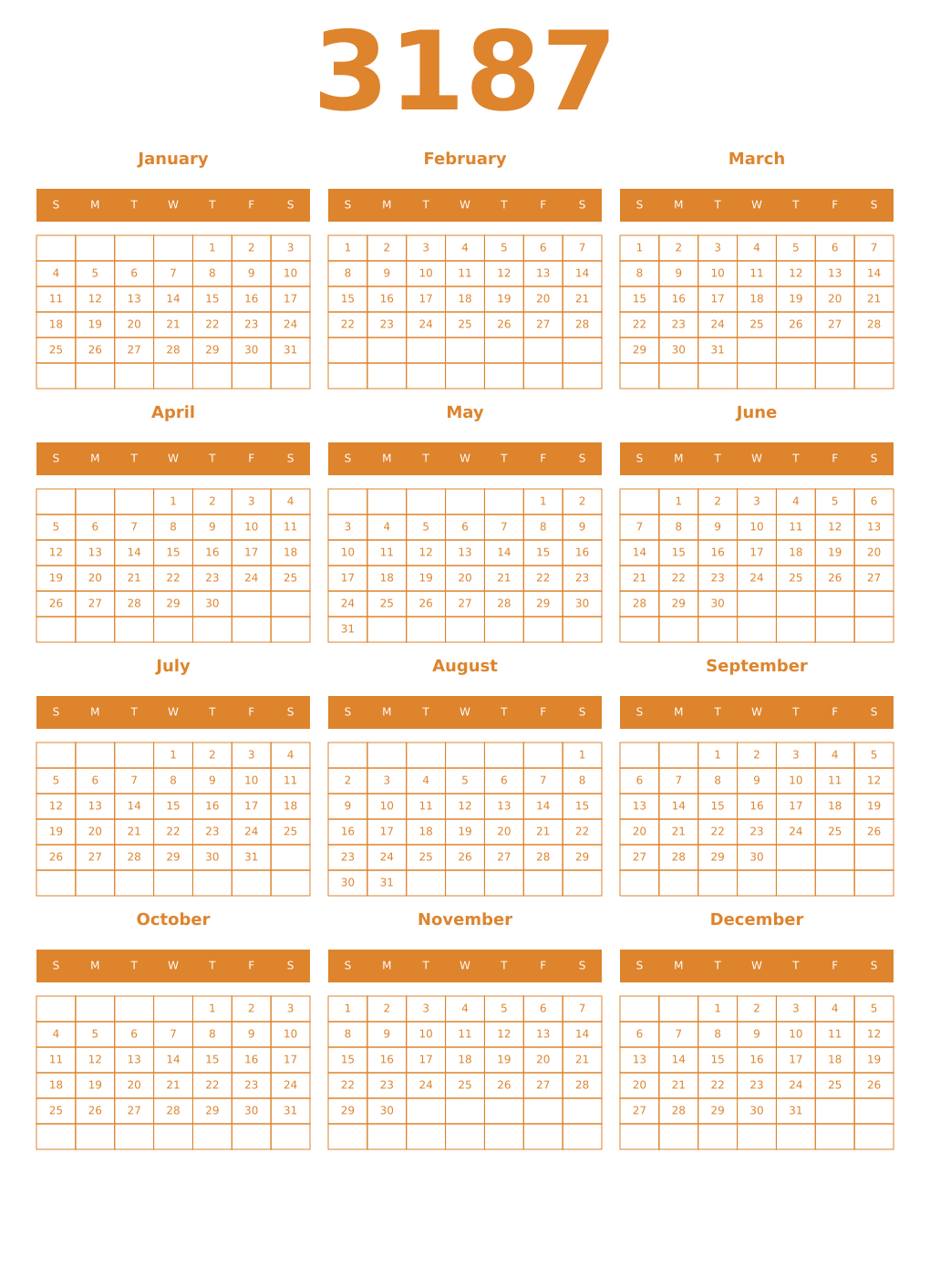 Printable 3187 Year Calendars orange