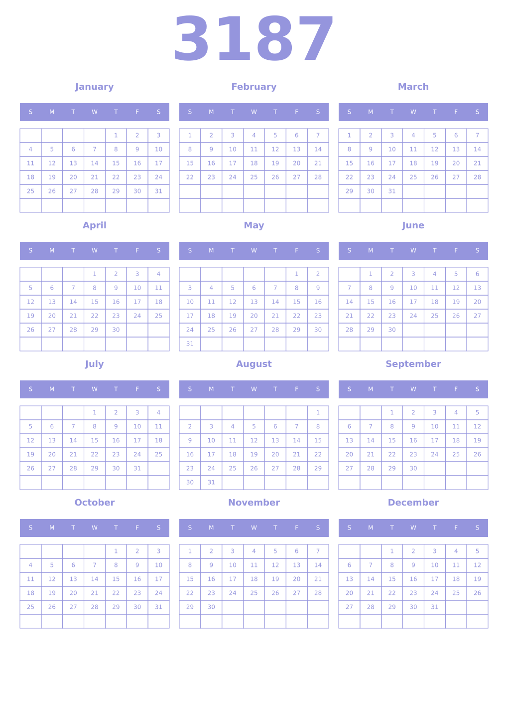 Printable 3187 Year Calendars periwinkle