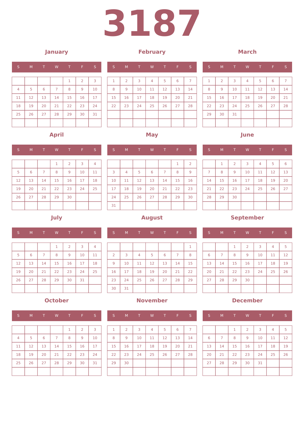 Printable 3187 Year Calendars puce