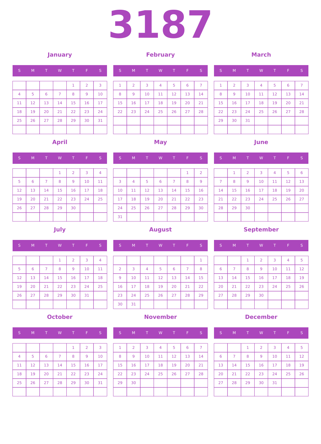 Printable 3187 Year Calendars purple